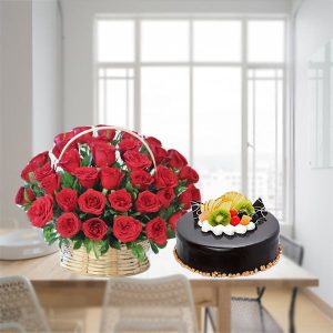 Fruit Cake and Red Roses Basket